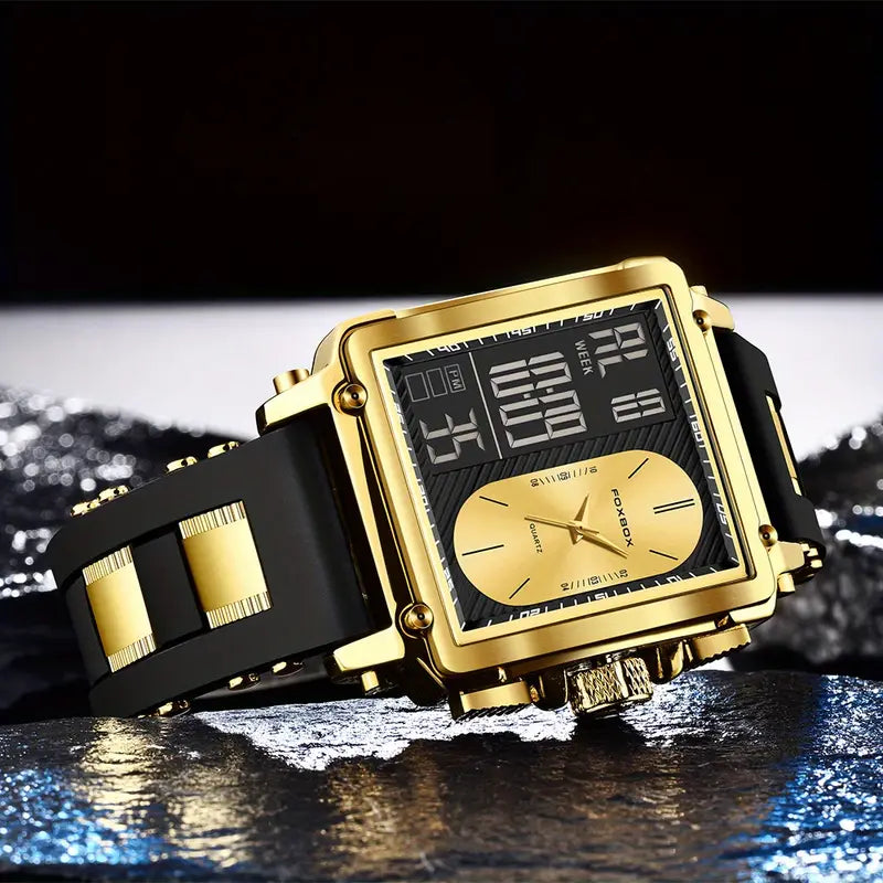 FOXBOX Brand Ladies Electronic Watch, Square Dual Screen, Multifunctional, Sports, Chronograph, Alarm Clock, Luminous, Fashion, Zinc Alloy Case, Silicone Band, Digital Movement, with Button Battery (Diameter＜20mm), Non-rechargeable