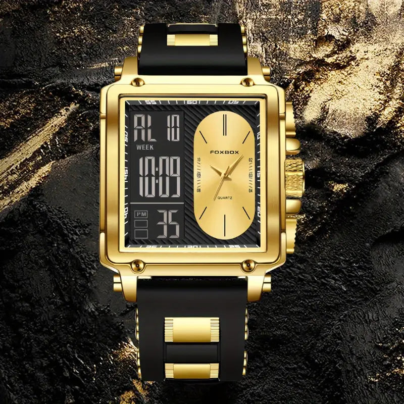 FOXBOX Brand Ladies Electronic Watch, Square Dual Screen, Multifunctional, Sports, Chronograph, Alarm Clock, Luminous, Fashion, Zinc Alloy Case, Silicone Band, Digital Movement, with Button Battery (Diameter＜20mm), Non-rechargeable