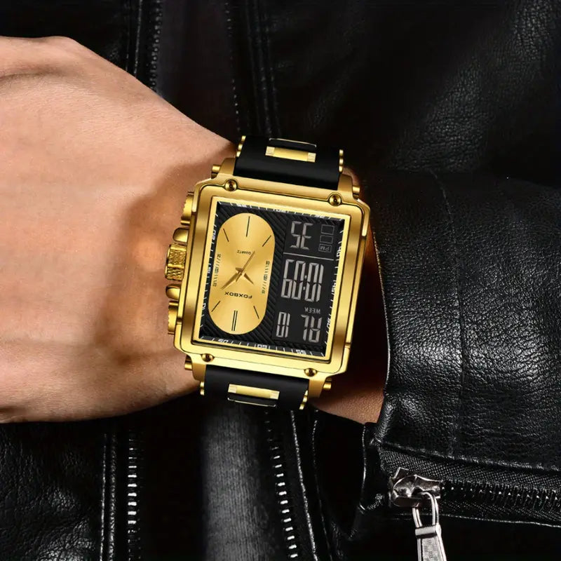 FOXBOX Brand Ladies Electronic Watch, Square Dual Screen, Multifunctional, Sports, Chronograph, Alarm Clock, Luminous, Fashion, Zinc Alloy Case, Silicone Band, Digital Movement, with Button Battery (Diameter＜20mm), Non-rechargeable