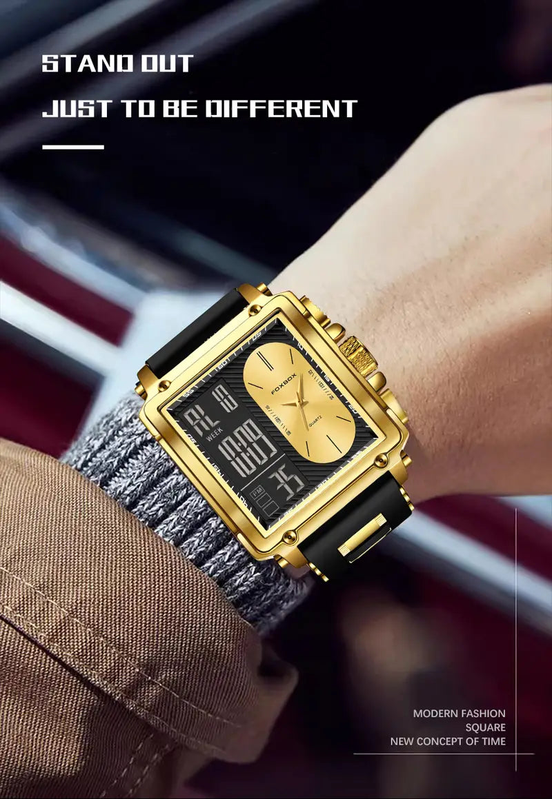 FOXBOX Brand Ladies Electronic Watch, Square Dual Screen, Multifunctional, Sports, Chronograph, Alarm Clock, Luminous, Fashion, Zinc Alloy Case, Silicone Band, Digital Movement, with Button Battery (Diameter＜20mm), Non-rechargeable