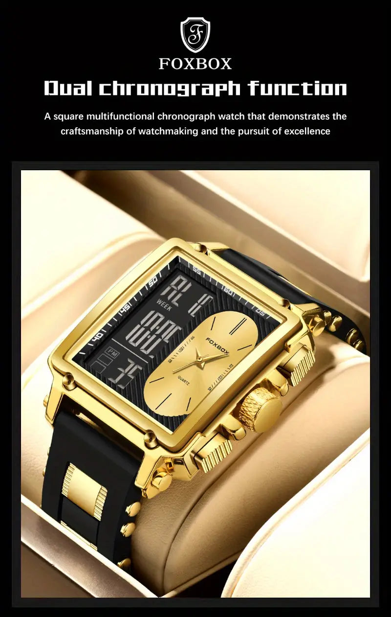 FOXBOX Brand Ladies Electronic Watch, Square Dual Screen, Multifunctional, Sports, Chronograph, Alarm Clock, Luminous, Fashion, Zinc Alloy Case, Silicone Band, Digital Movement, with Button Battery (Diameter＜20mm), Non-rechargeable