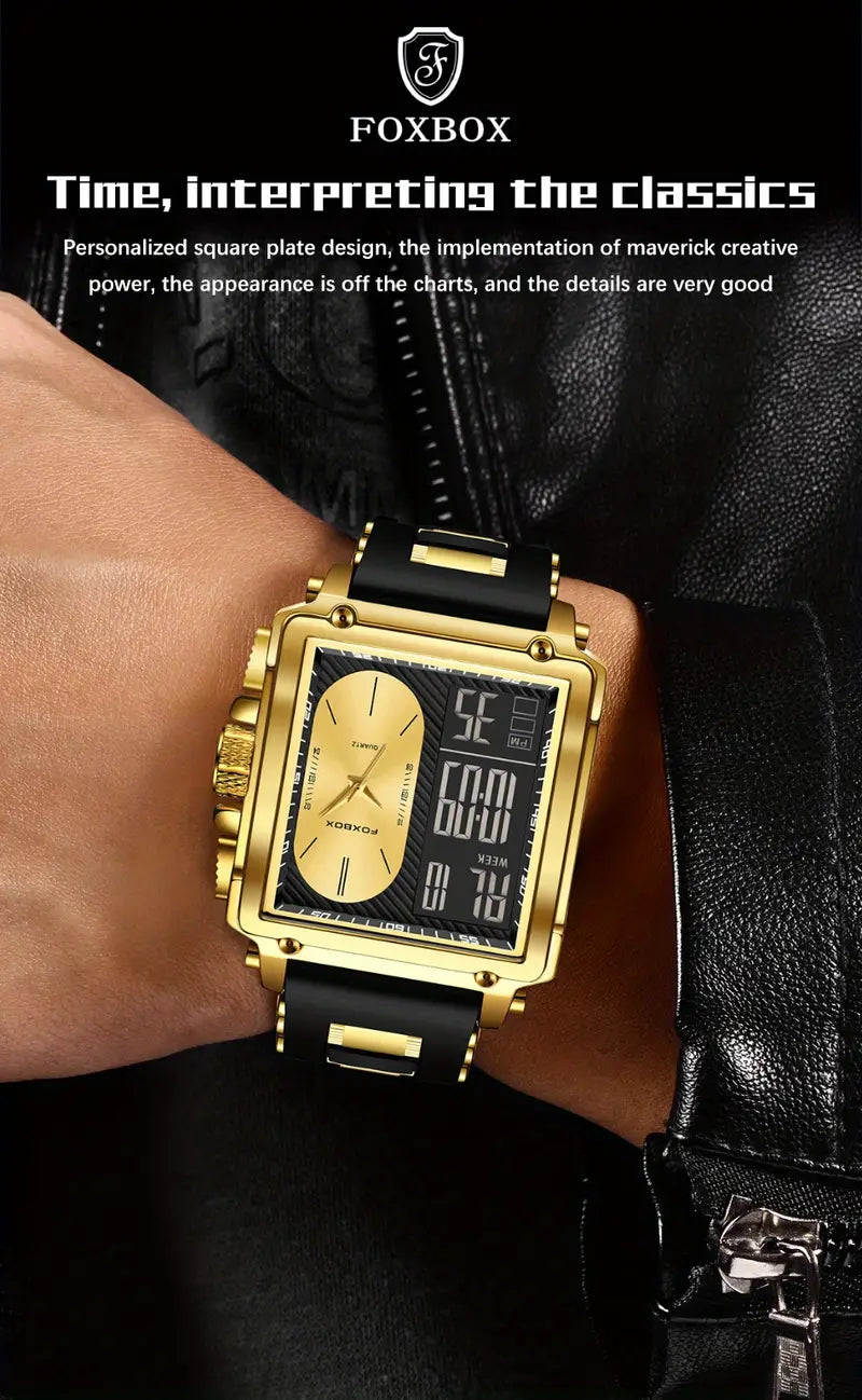 FOXBOX Brand Ladies Electronic Watch, Square Dual Screen, Multifunctional, Sports, Chronograph, Alarm Clock, Luminous, Fashion, Zinc Alloy Case, Silicone Band, Digital Movement, with Button Battery (Diameter＜20mm), Non-rechargeable