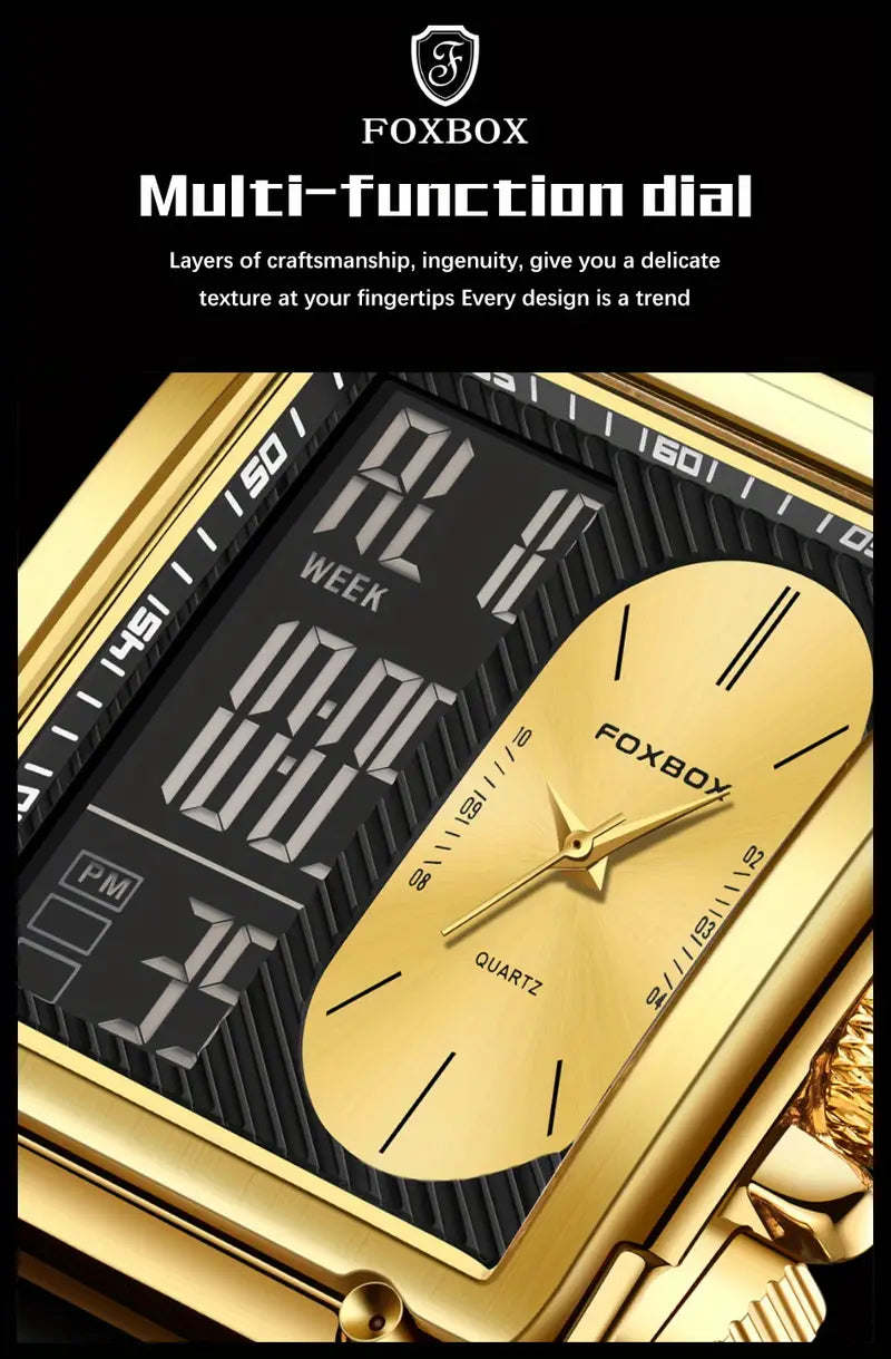 FOXBOX Brand Ladies Electronic Watch, Square Dual Screen, Multifunctional, Sports, Chronograph, Alarm Clock, Luminous, Fashion, Zinc Alloy Case, Silicone Band, Digital Movement, with Button Battery (Diameter＜20mm), Non-rechargeable