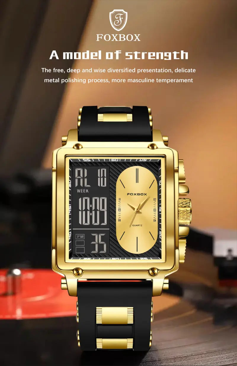 FOXBOX Brand Ladies Electronic Watch, Square Dual Screen, Multifunctional, Sports, Chronograph, Alarm Clock, Luminous, Fashion, Zinc Alloy Case, Silicone Band, Digital Movement, with Button Battery (Diameter＜20mm), Non-rechargeable