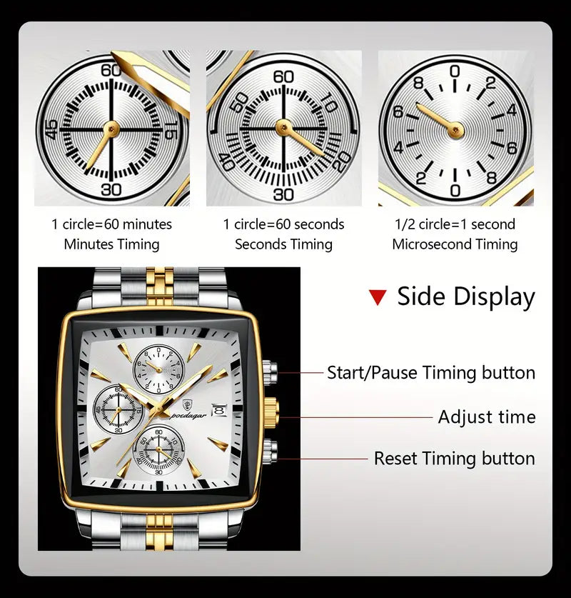 Casual Sports Watch, Stainless Steel Quartz Movet, 3ATM Water Resistant, Luminous Hands, Chronograph, Zinc Alloy Case, Battery Powered with Non-Rechargeable Button Battery