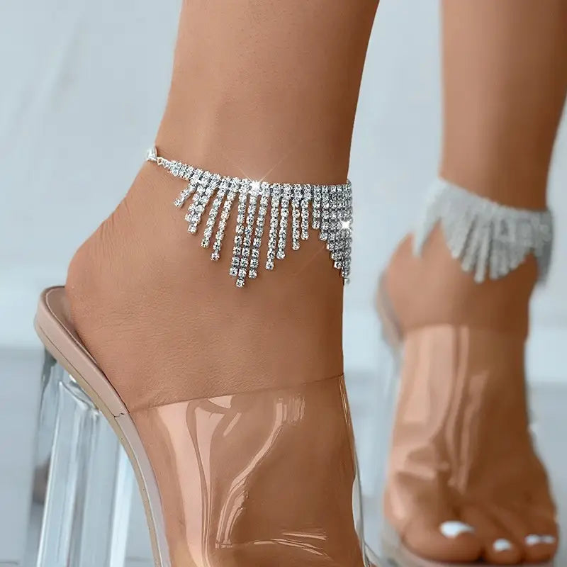2 Pcs Elegant Rhinestone Tassel Anklet - High Heel Shoe Clip-On Foot Chain with Sparkling Bow Detail, Perfect for Women'S Fashion Accessories, Summer Style, and Daily Wear, Summer Fashion Accessory | Glamorous Look | Dazzling Stones, High Heel Shoe