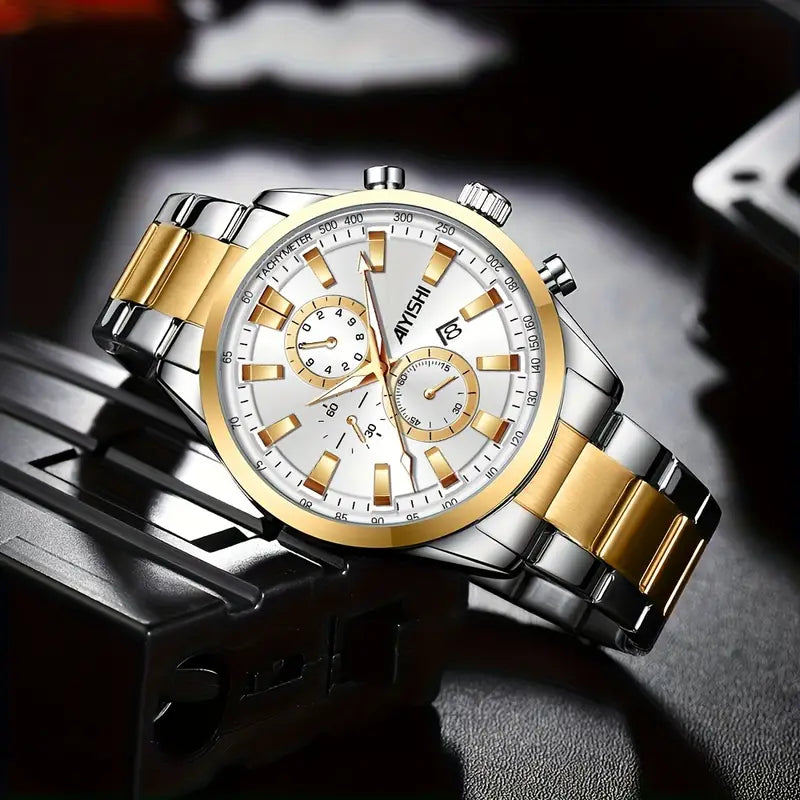 IYISHI Men's Sport Chronograph Watch with Date Display, High Quality Quartz Movement, Black Dial & Golden Accents, Stainless Steel Band for Business Casual & Casual Attire, Versatile Wristwatch, Luxury Analog, Polished Finish, Versatile Timepiece