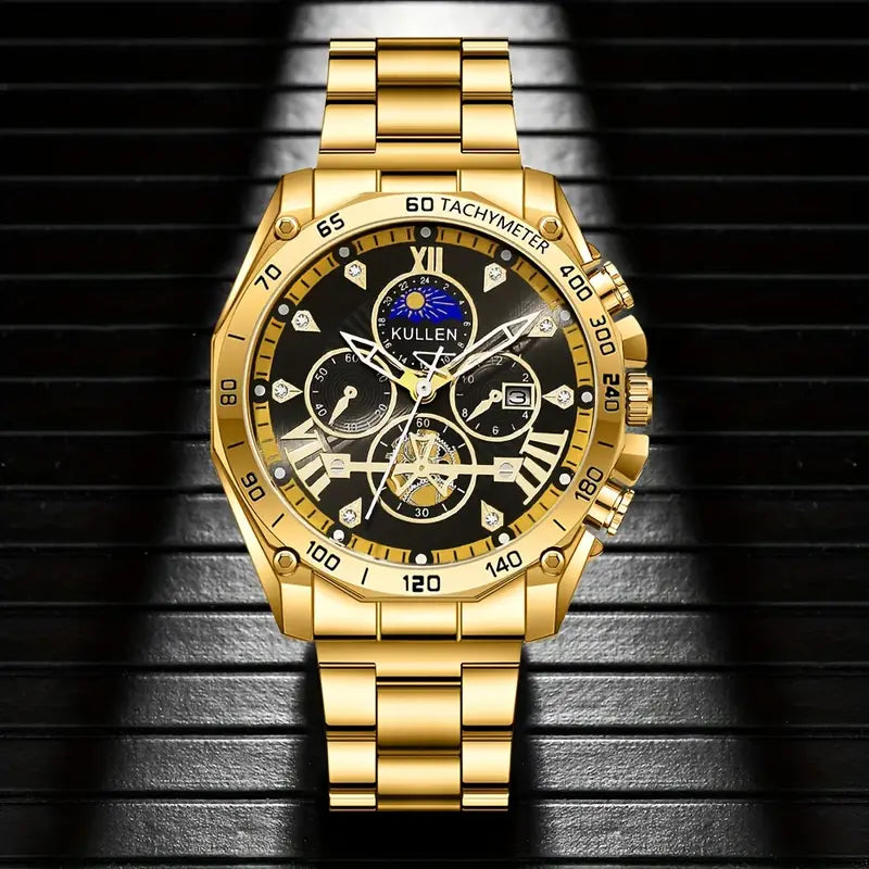 Men's Luxury Quartz Watch with Large Dial & Calendar - Black Chronograph Style, Golden Accents, Roman Numerals - Special Occasions, Stylish Streetwear Accessory | Sleek Chronograph Design | Durable Quartz Watch