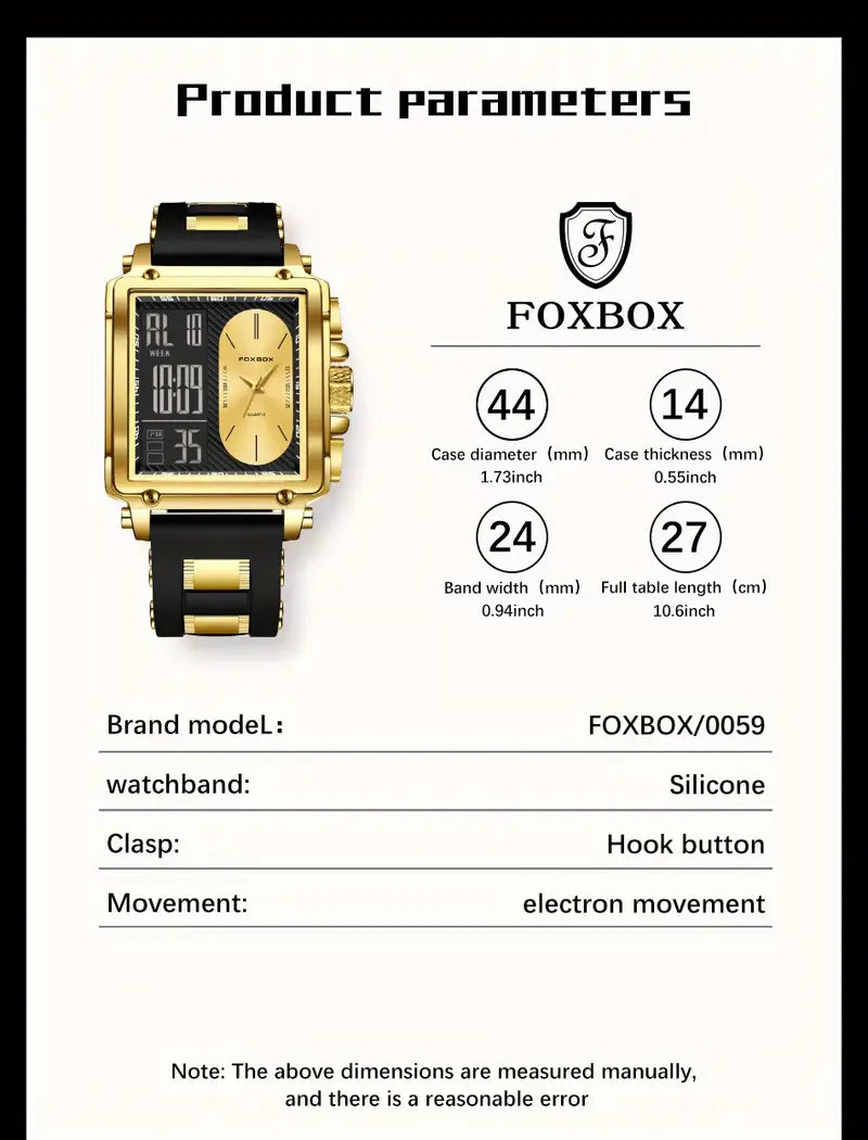 FOXBOX Brand Ladies Electronic Watch, Square Dual Screen, Multifunctional, Sports, Chronograph, Alarm Clock, Luminous, Fashion, Zinc Alloy Case, Silicone Band, Digital Movement, with Button Battery (Diameter＜20mm), Non-rechargeable