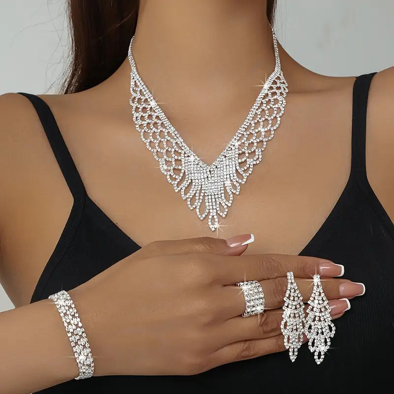 Luxury Exquisite Middle Eastern Bride Wedding Jewelry Set with Sparkling Rhinestones, Hollow Necklace, Bracelet, Earrings, and Stretch Ring