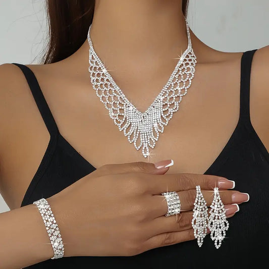 Luxury Exquisite Middle Eastern Bride Wedding Jewelry Set with Sparkling Rhinestones, Hollow Necklace, Bracelet, Earrings, and Stretch Ring