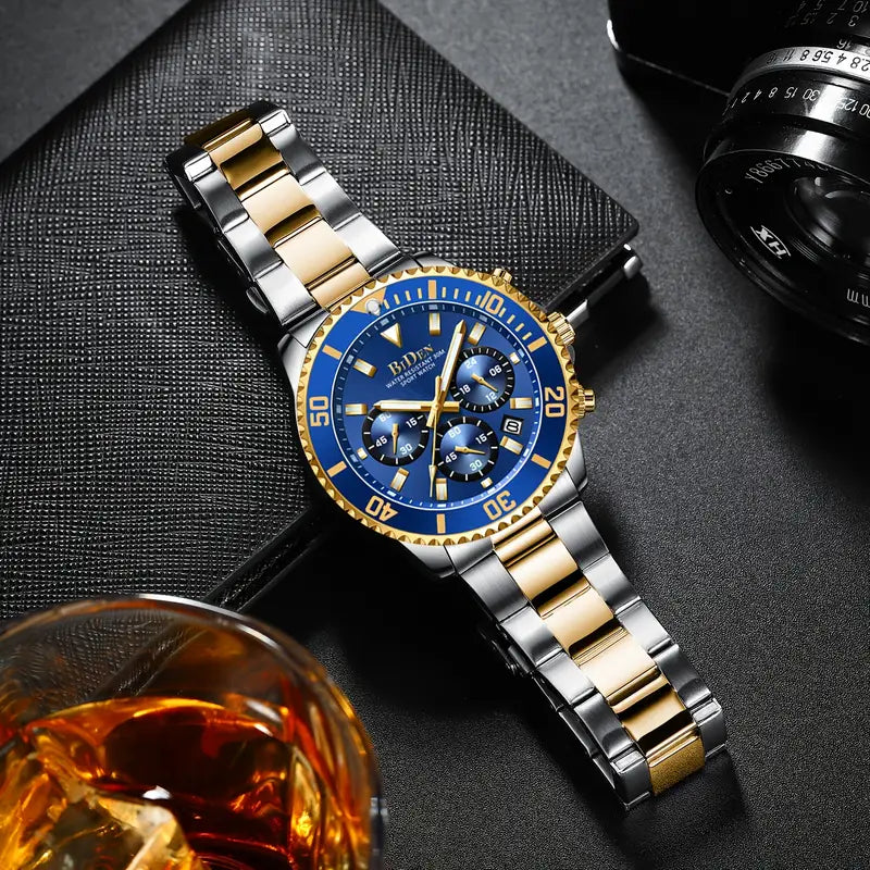 Luxury Stainless Steel Dive-Style Watch for Teens & Young Adults - 43 MM Analog Quartz Chronograph, 1181.1 inch Waterproof Fashion 'S Casual Watch with Blue & Golden Tone Strap, Business Style, Electronic Movet, Pointer Display, Quartz Watche