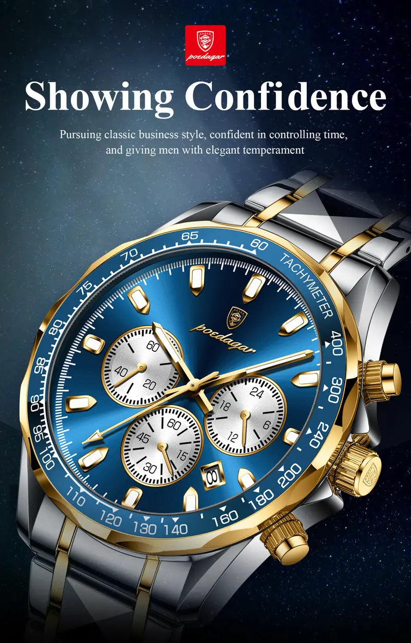 Poedagar Luxury Sports Men's Watch Waterproof Night Light Date Multi functional Timer Stainless Steel Strap Casual Fashion Quartz Material Men's Watch