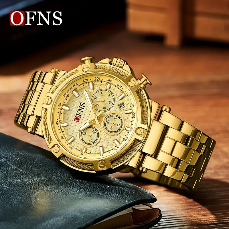 Stainless Steel Band, Nightlight, Stopwatch, Calendar, Round Dial, Golden & Black Design, Perfect Gift