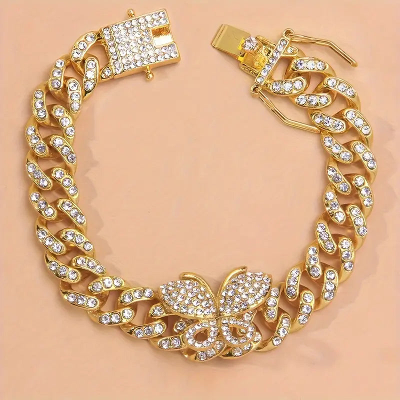 2 PCS Bling Bling Butterfly Claw Cuban Chain Anklet Inlaid Shiny Rhinestone Animal Theme Hip Hop Style Ankle Bracelet Gift For Women Girls