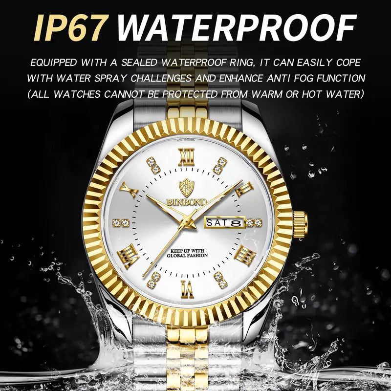 Men'S Casual Business Calendar Watch with Luminous Hands, Golden-Tone Alloy Case & Stainless Steel Strap - Waterproof, Battery-Powered, Date Display, Business Casual Wear|Luxurious Watch|Durable Watch