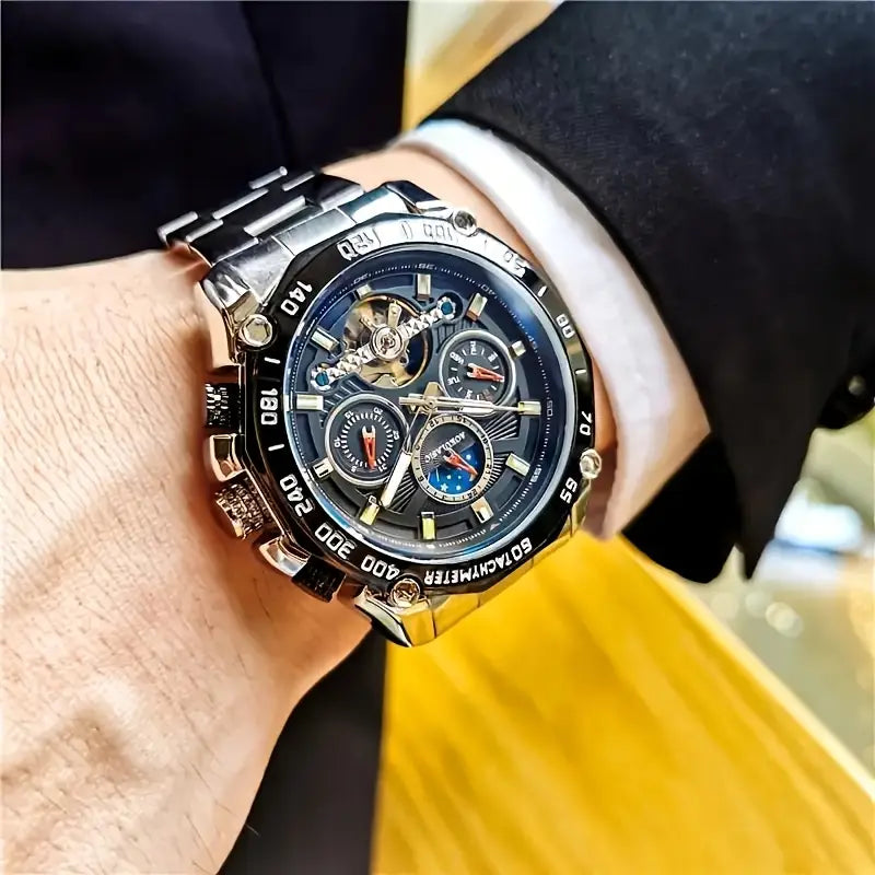Authentic High-End Men'S Automatic Hollow Tourbillon Watch, Mechanical Movement, Alloy Case, Stainless Steel Strap, Round Dial, Pointer Display, Non-Waterproof, with Luminous Calendar Function, Ideal Gift, Without Battery