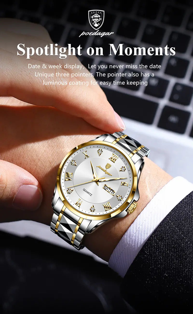 POEDAGAR Men'S Quartz Watch - Stainless Steel Band, Waterproof, Night Light, Date & Week Display, Elegant Golden-Tone Accents, Casual Style, Battery Operated, Elegant Timepiece | Golden Accents Watch | Quartz Movement Watch, POEDAGA