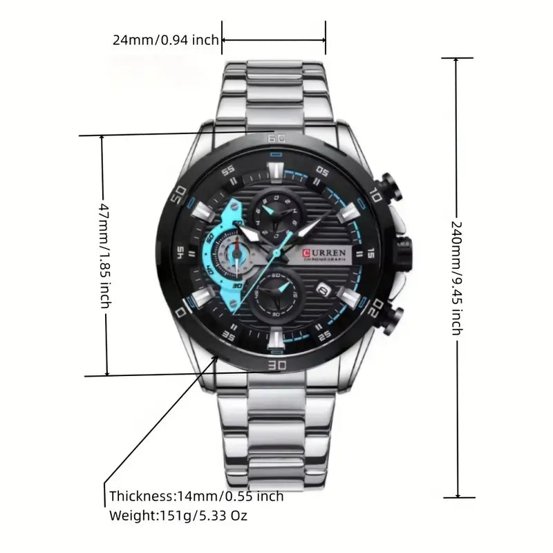 Men's Luxury Quartz Watch with Chronograph - 6-Hand Stainless Steel Business Casual Wristwatch, Black Dial & Blue Accents,  Contemporary Style, High quality Finish, Analog Display,  Sleek Design, Durable Construction, Stylish Men