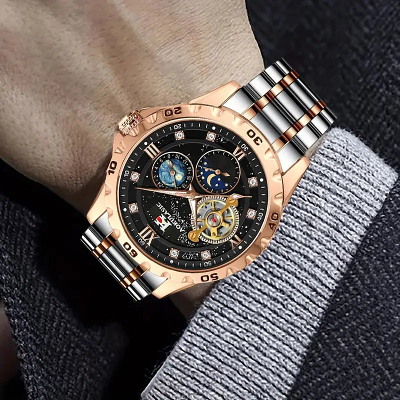 AOKULASIC Men Fashion Tourbillon Skeleton Automatic Mechanical Watch Rose Golden Case Iced Out Starry Sky Luminous Dial Top Brand Stainless Steel Strap Business Casual Mens Watches Christmas New Year Thanksgiving Day Festival Birthday Gifts