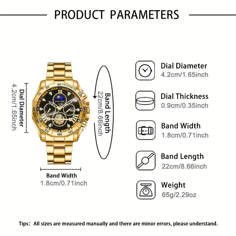 Men's Luxury Quartz Watch with Large Dial & Calendar - Black Chronograph Style, Golden Accents, Roman Numerals - Special Occasions, Stylish Streetwear Accessory | Sleek Chronograph Design | Durable Quartz Watch