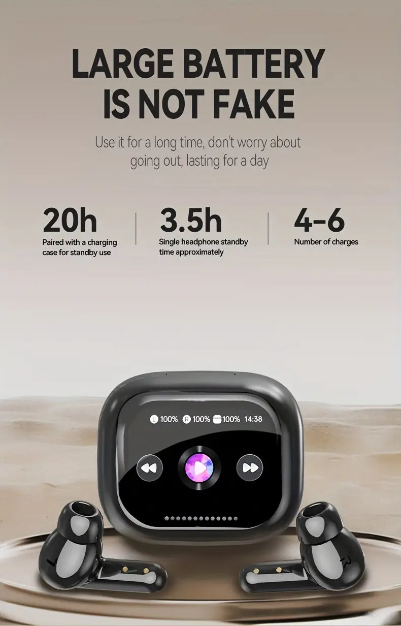 True Wireless Earbuds with LCD Touch Screen, Long Battery Life, High-Quality Sound, Comfortable Deep Bass, USB Type-C Charging, Ideal for Gaming & Calls, New Wireless 5, 4 Faster and Stable Headphones, Compact Design, Earbuds Wireless