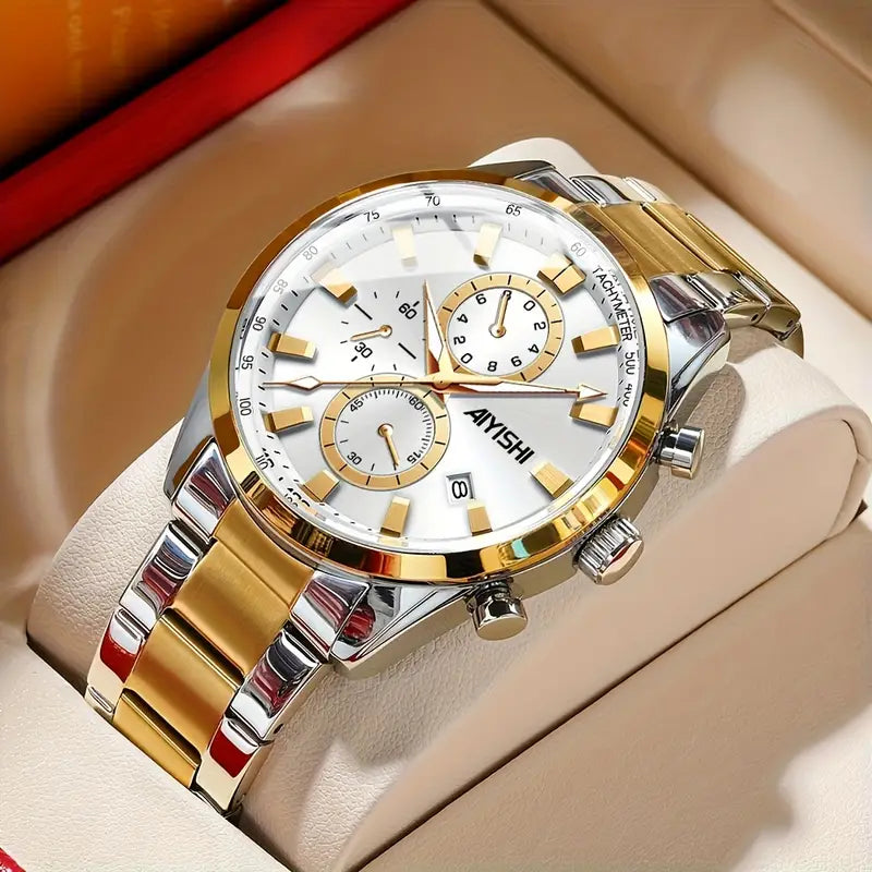 IYISHI Men's Sport Chronograph Watch with Date Display, High Quality Quartz Movement, Black Dial & Golden Accents, Stainless Steel Band for Business Casual & Casual Attire, Versatile Wristwatch, Luxury Analog, Polished Finish, Versatile Timepiece