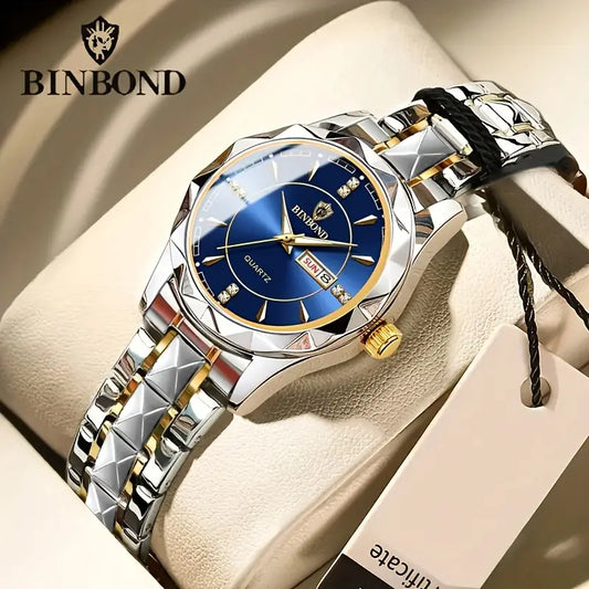Ladies Quartz Watch, Round Casual Style, Luminous Analog Display, Stainless Steel Band, Alloy Case,, with Non-rechargeable Button Battery, BINBOND Brand