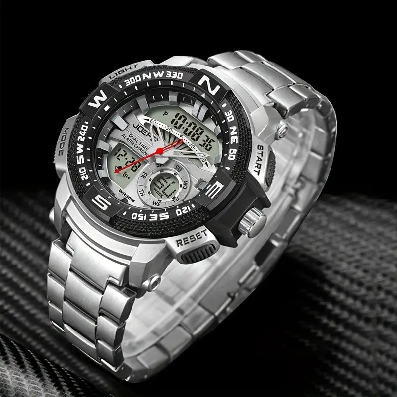 Men'S Golden-Tone Sports Watch with Stainless Steel Band, Dual Display (Analog & Digital), Alarm Clock, Stopwatch, and Glow Feature - Versatile Multifunctional Electronic Watch for Casual or Active Wear