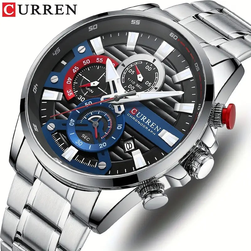 CURREN 'S Luxury Stainless Steel Business Watch with Luminous Hands, Date Display, And Multi-Function Timer - Black Dial, Red Accents, Quartz Movet, Battery-Powered, Stylish for Outdoor Parties, Party Accessory, Sophisticated Design, Durable Watch