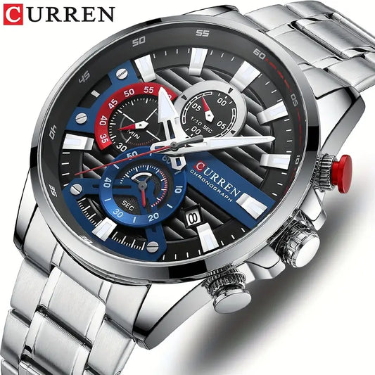 CURREN 'S Luxury Stainless Steel Business Watch with Luminous Hands, Date Display, And Multi-Function Timer - Black Dial, Red Accents, Quartz Movet, Battery-Powered, Stylish for Outdoor Parties, Party Accessory, Sophisticated Design, Durable Watch