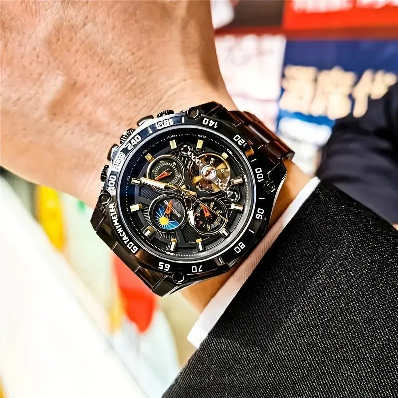 Authentic High-End Men'S Automatic Hollow Tourbillon Watch, Mechanical Movement, Alloy Case, Stainless Steel Strap, Round Dial, Pointer Display, Non-Waterproof, with Luminous Calendar Function, Ideal Gift, Without Battery