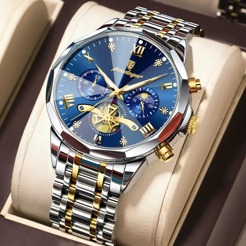 POEDAGAR 's Stainless Steel Watch with Chronograph, Date Display & Night Light - 3ATM High Quality Quartz Movet, Blue Dial & Golden Markers, Casual Style for Casual Attire, Luxury Timepiece, Sophisticated Design, Complicated Movet, Polished Finish