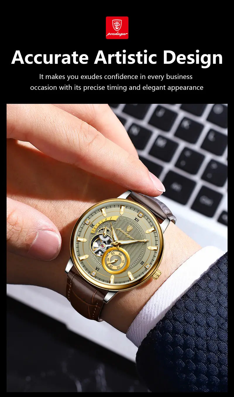 Poedagar Fashion Luxury Men'S Mechanical Watch, High-end Versatile, Waterproof Night Light Men'S Watch Hollow Turbine Automatic Mechanical Watch, Without Battery