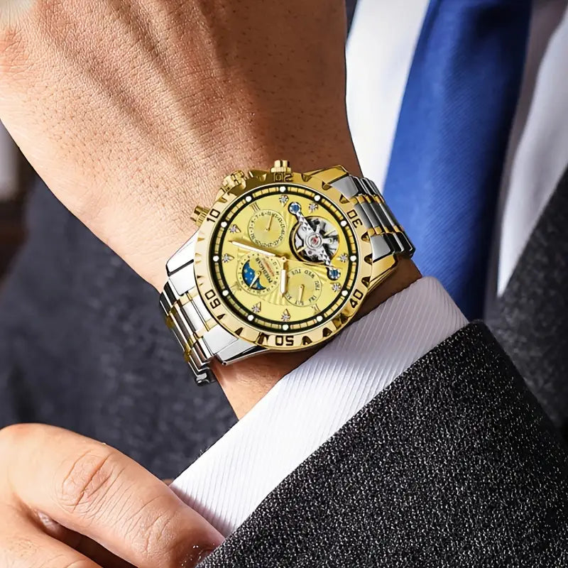 Men's Luxury Multifunctional Waterproof Mechanical Watch, 3D Hollow Luminous Fashion Youth Wristwatch