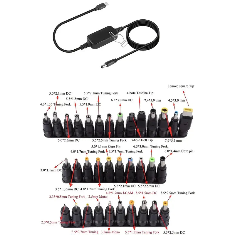 Type C to DC 5521, Dual-Button Adjustable 5V/9V/12V/15V/20V Power Boost Cable with 34 Adapter Adapters, Suitable for Routers, Speakers, Printers, Laptops,