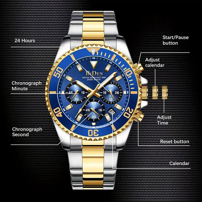 Luxury Stainless Steel Dive-Style Watch for Teens & Young Adults - 43 MM Analog Quartz Chronograph, 1181.1 inch Waterproof Fashion 'S Casual Watch with Blue & Golden Tone Strap, Business Style, Electronic Movet, Pointer Display, Quartz Watche