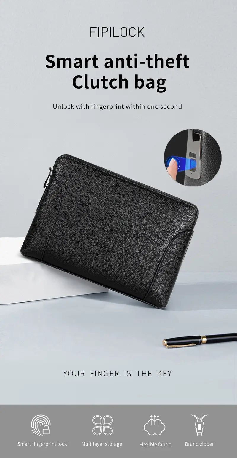Unisex Fingerprint Lock Bag High Quality Genuine Leather Clutch Bag Smart Safe with Anti-theft function Finger print unlock gift for boyfriend