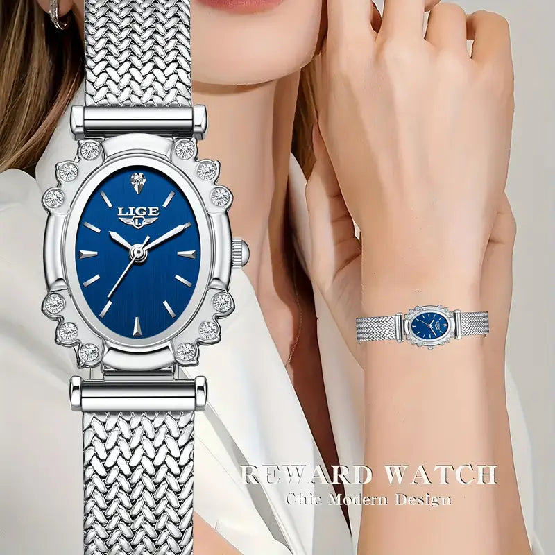 LIGE Elegant Women'S Quartz Watch - Golden Silvery Bracelet, Classic Oval Dial Minimalist Dial for Everyday & Formal Wear - Luxury Watch Gift for Men/Women Birthday, Anniversary, Wedding occasions