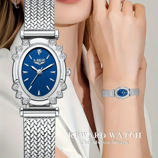 LIGE Elegant Women'S Quartz Watch - Golden Silvery Bracelet, Classic Oval Dial Minimalist Dial for Everyday & Formal Wear - Luxury Watch Gift for Men/Women Birthday, Anniversary, Wedding occasions