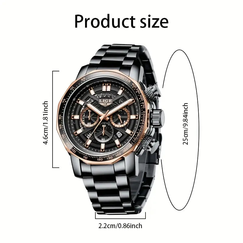 LIGE Men'S Quartz Watch - Business Style Chronograph with Date Display, Stainless Steel Strap, Golden & Black Options, Ideal Gift for Men, Formal Accessory | Modern Watch Design | Durable Watchband, LIGE