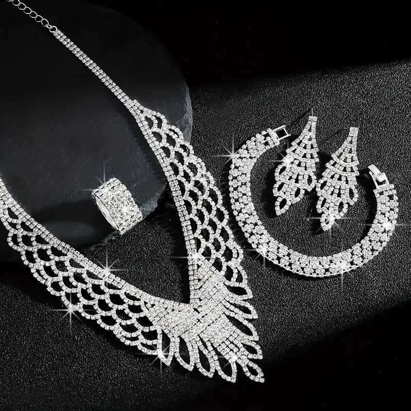 Luxury Exquisite Middle Eastern Bride Wedding Jewelry Set with Sparkling Rhinestones, Hollow Necklace, Bracelet, Earrings, and Stretch Ring