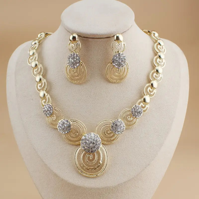 3pcs Rhinestone Golden Plated Necklace Earrings Set Women's Wedding Jewelry Vortex Necklace Earrings Gift Middle Eastern Jewelry