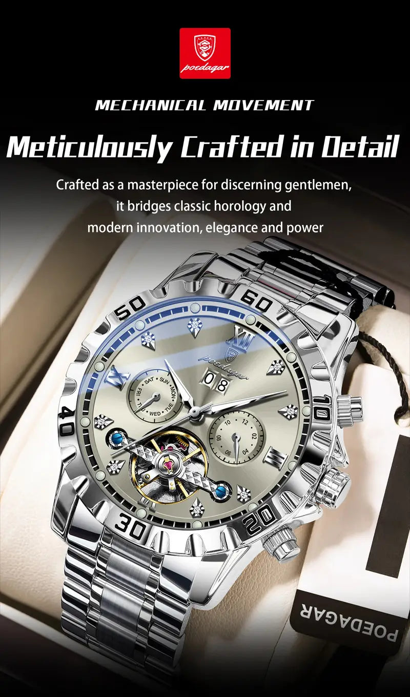 Poedagar Top Luxury Men'S and Women'S Watches, Date Automatic Week Men'S and Women'S Watches, Hollow Swirl Mechanical Stainless Steel
