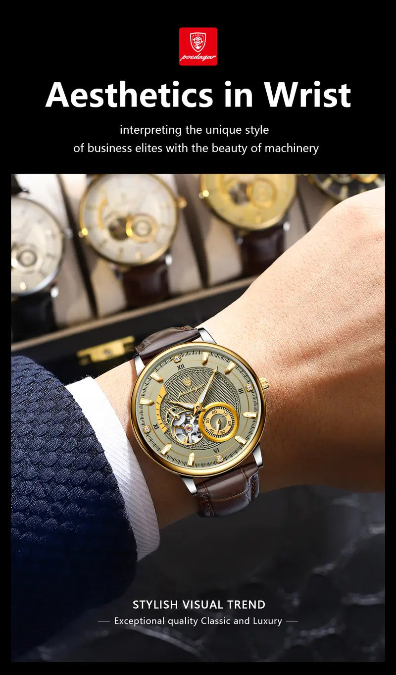 Poedagar Fashion Luxury Men'S Mechanical Watch, High-end Versatile, Waterproof Night Light Men'S Watch Hollow Turbine Automatic Mechanical Watch, Without Battery