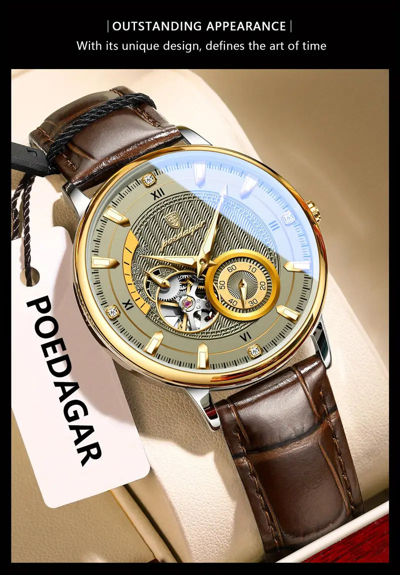Poedagar Fashion Luxury Men'S Mechanical Watch, High-end Versatile, Waterproof Night Light Men'S Watch Hollow Turbine Automatic Mechanical Watch, Without Battery