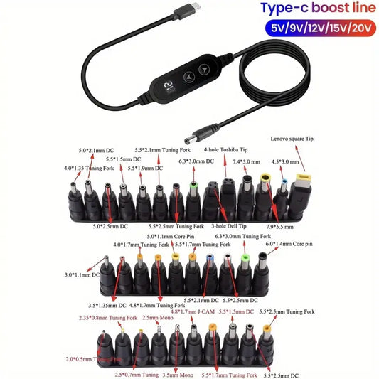 Type C to DC 5521, Dual-Button Adjustable 5V/9V/12V/15V/20V Power Boost Cable with 34 Adapter Adapters, Suitable for Routers, Speakers, Printers, Laptops,