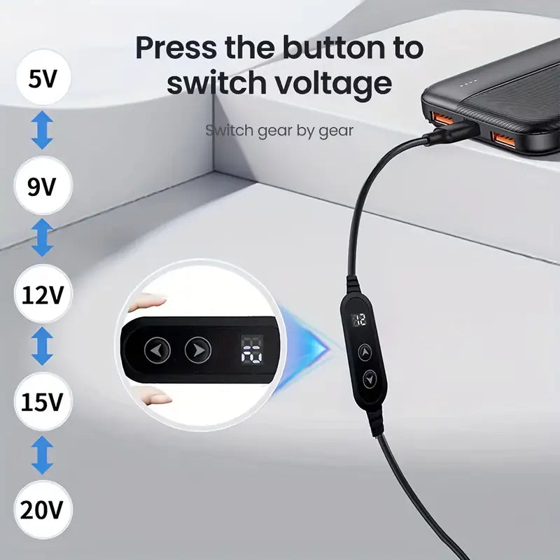 Type C to DC 5521, Dual-Button Adjustable 5V/9V/12V/15V/20V Power Boost Cable with 34 Adapter Adapters, Suitable for Routers, Speakers, Printers, Laptops,