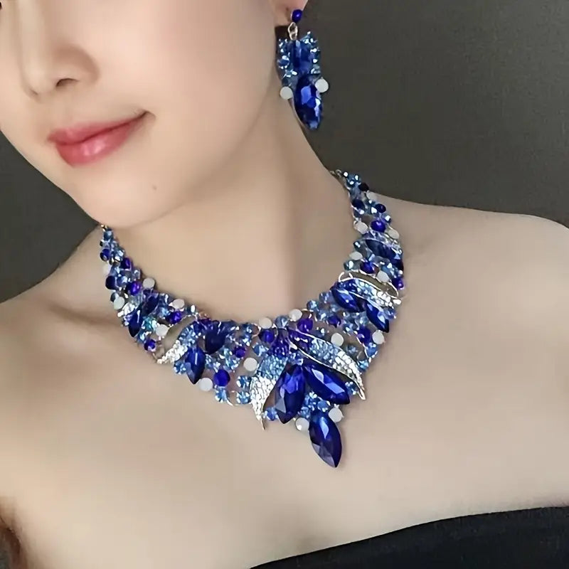 Luxury Royal Style Bow-Themed Necklace and Earrings Set, Silver Plated Zinc Alloy with Synthetic Blue Crystal, Handmade Exaggerated Jewelry for Daily Wear, Festivals, and Special Occasions