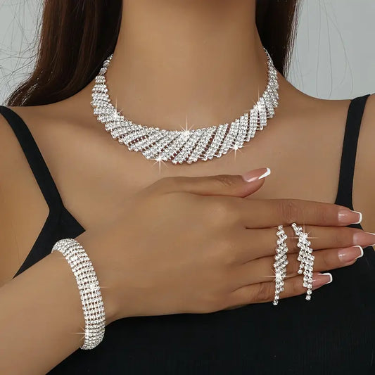 Middle Eastern Geometric Irregular Luxury Rhinestone Necklace Bracelet Earrings Three-piece Set Bridal Accessories